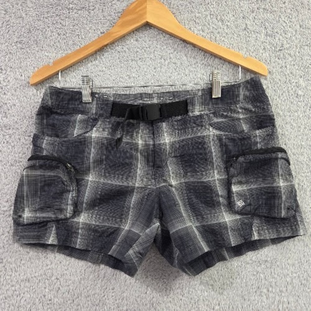 Columbia Plaid Hiking Shorts Women's Small Gray Belted Omni-Wick Nylon Cargo UPF